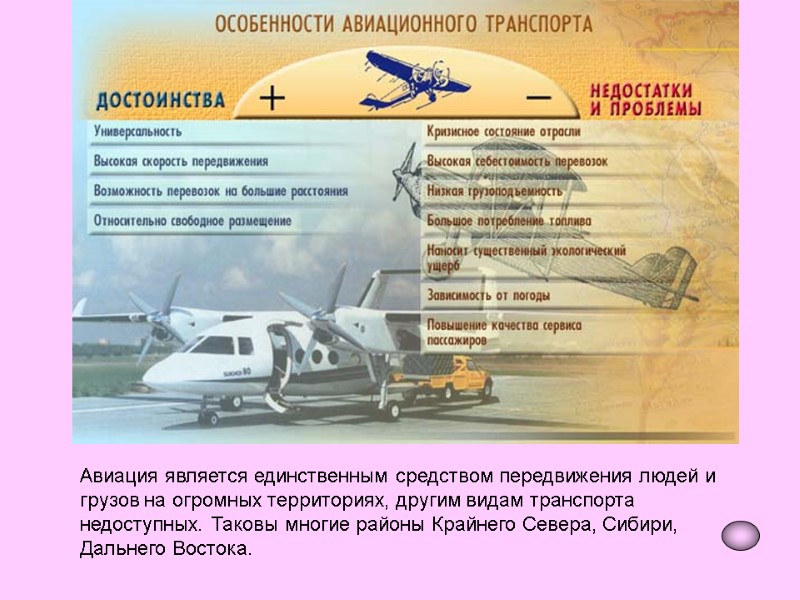 Авиация является единственным средством передвижения людей и грузов на огромных территориях, другим видам транспорта